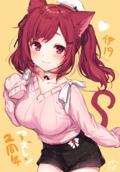 Rule 34 | 1girl, :3, animal ears, azur lane, breasts, cat ears, cat girl, cat tail, character name, choker, commentary request, fang, highres, i-19 (azur lane), komeshiro kasu, large breasts, looking at viewer, red eyes, red hair, skirt, sleeves past wrists, smile, solo, sweater, tail, twintails, white choker