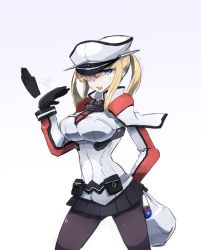 Rule 34 | 10s, 1girl, bag, black gloves, black pantyhose, blonde hair, breasts, capelet, cowboy shot, cross, depo (typebaby505), food, gloves, graf zeppelin (kancolle), grey eyes, groceries, hair between eyes, hat, hot, iron cross, jacket, kantai collection, large breasts, military, military hat, military uniform, miniskirt, open mouth, pantyhose, peaked cap, plastic bag, sidelocks, skirt, solo, sweat, tongue, tongue out, twintails, uniform