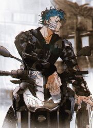 Rule 34 | 1boy, akahata, biker clothes, black jacket, black pants, bleach, blue hair, closed mouth, collarbone, cup, grimmjow jaegerjaquez, hand on own knee, highres, holding, holding cup, jacket, long sleeves, looking to the side, male focus, motor vehicle, motorcycle, on motorcycle, outdoors, pants, short hair, solo