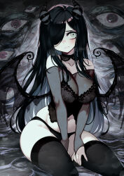 Rule 34 | 1girl, aria wintermint, black bra, black choker, black hair, black panties, black theme, black thighhighs, blush, bra, breasts, choker, cleavage, detached sleeves, goth fashion, groin, hair over one eye, halloween, highres, lace, lace-trimmed bra, lace choker, lace trim, large breasts, long hair, midriff, navel, nervous, nervous sweating, original, panties, parororo, see-through, see-through cleavage, see-through gloves, see-through shirt, see-through sleeves, shy, sitting, solo, sweat, sweatdrop, thighhighs, thighs, underwear, wings