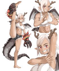 Rule 34 | 1girl, absurdres, armpits, blonde hair, breasts, covered erect nipples, dark-skinned female, dark skin, dragon girl, dragon horns, dragon tail, dragon wings, gauntlets, gym shorts, halterneck, highres, horns, looking at viewer, medium breasts, medium hair, mipoog, navel, open mouth, original, red eyes, shorts, simple background, smile, solo, tail, toned, white background, wings