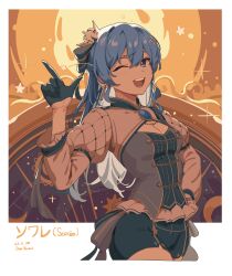 Rule 34 | 1girl, absurdres, black gloves, blue hair, breasts, cleavage, commentary request, crown, earrings, gloves, gum shrew, hair ornament, hair ribbon, highres, hololive, hoshimachi suisei, hoshimachi suisei (stellar into the galaxy), jewelry, long hair, long sleeves, looking at viewer, medium breasts, mini crown, official alternate costume, official alternate hair length, official alternate hairstyle, one eye closed, open mouth, puffy sleeves, ribbon, smile, solo, star (symbol), star in eye, symbol in eye, virtual youtuber