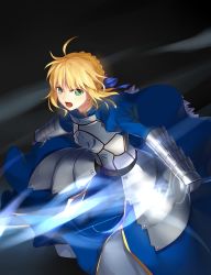 Rule 34 | 1girl, ahoge, armor, armored dress, artoria pendragon (all), artoria pendragon (fate), bad id, bad pixiv id, blonde hair, fate/stay night, fate (series), gauntlets, green eyes, hair ribbon, highres, invisible air (fate), lightofheaven, open mouth, ribbon, saber (fate), solo, sword, weapon, wind