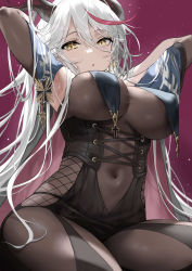 Rule 34 | 1girl, absurdres, aegir (azur lane), armpits, arms up, azur lane, bodystocking, breast curtains, breasts, denchu (kazudentyu), hair on horn, highres, horns, kneeling, large breasts, navel, revision, see-through, see-through shirt, thick thighs, thighs, underboob, white hair, yellow eyes