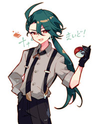 Rule 34 | 1girl, ahoge, black gloves, black necktie, black pants, bright pupils, collared shirt, commentary, cowboy shot, creatures (company), earrings, game freak, gloves, green hair, grey shirt, hair between eyes, hand in pocket, hand up, highres, holding, holding poke ball, jewelry, kokushi natsuki, long hair, looking at viewer, necktie, nintendo, pants, poke ball, poke ball (basic), pokemon, pokemon sv, red eyes, rika (pokemon), shirt, solo, suspenders, white background