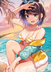 Rule 34 | 1girl, aqua eyes, arm up, beach, bikini, blurry, blurry foreground, breasts, brown hair, collarbone, commentary request, feet out of frame, hairband, hololive, jacket, kibanda gohan, large breasts, legs, long sleeves, looking at viewer, lower teeth only, medium hair, off shoulder, official alternate costume, oozora subaru, oozora subaru (hololive summer 2019), open mouth, shadow, shiny skin, sidelocks, sitting, solo, striped bikini, striped clothes, sunset, swept bangs, swimsuit, teeth, thighs, virtual youtuber, water, weapon, white bikini, yellow bikini