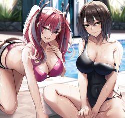 Rule 34 | 2girls, ahoge, all fours, arm support, armlet, azur lane, baltimore (azur lane), bare shoulders, bent over, bikini, black one-piece swimsuit, black shorts, braid, breasts, bremerton (azur lane), cleavage, collarbone, hair between eyes, hair ornament, hairclip, hand on own chest, headgear, highres, indian style, kneeling, large breasts, long hair, looking at viewer, multicolored hair, multiple girls, nicky w, one-piece swimsuit, outdoors, pink bikini, pink eyes, pink hair, pool, short hair, short shorts, shorts, side braid, sitting, smile, streaked hair, swimsuit, thighs, twintails, water, wet, wet hair, yellow eyes