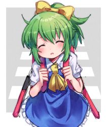 Rule 34 | 1girl, ascot, backpack, bag, blouse, blue dress, blush, border, bow, closed eyes, commentary request, cookie (touhou), cowboy shot, daiyousei, diyusi (cookie), dress, green hair, grey background, hair bow, high-visibility vest, looking at viewer, medium hair, open mouth, pinafore dress, ponytail, puffy short sleeves, puffy sleeves, shirt, short sleeves, sleeveless dress, solo, touhou, traffic baton, white border, white shirt, xox xxxxxx, yellow ascot, yellow bow