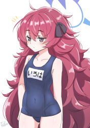Rule 34 | 1girl, absurdres, alternate costume, blue archive, bow, collarbone, commentary request, grey eyes, hair between eyes, hair bow, hair ribbon, halo, highres, iroha (blue archive), long hair, looking at viewer, name tag, old school swimsuit, poko (user rjdg5478), red hair, ribbon, school swimsuit, sidelocks, signature, simple background, sleeveless, solo, swimsuit, wavy hair, white background