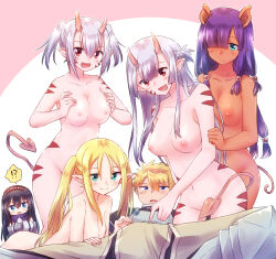 Rule 34 | !, !?, 1boy, 5girls, ?, absurdres, animal ears, arched back, armor, black hair, blonde hair, blue eyes, blush, body markings, braid, breasts, cleavage, closed mouth, clothed male nude female, collarbone, colored skin, convenient censoring, dark-skinned female, dark skin, demon tail, elf, facial mark, fang, hair between eyes, hair ornament, hair over one eye, hairband, hand on another&#039;s thigh, highres, leaning forward, lisa alpacas, long hair, looking at viewer, luvelia sanctos, lying, medium breasts, mimi alpacas, multiple girls, navel, nipples, nude, nyaa (nnekoron), ogre, on back, open mouth, pants, peter grill, peter grill to kenja no jikan, pig ears, pig tail, piglette pancetta, pink skin, pointy ears, purple hair, red eyes, spiked hair, spoken exclamation mark, spoken question mark, spread legs, tail, tail censor, twintails, vegan eldriel
