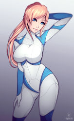 Rule 34 | 1girl, artist request, blonde hair, blue eyes, breasts, head tilt, highres, large breasts, long hair, looking at viewer, metroid, metroid dread, mole, mole under mouth, nintendo, ponytail, samus aran, science fiction, sidelocks, simple background, solo, zero suit