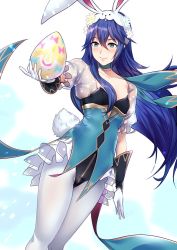 Rule 34 | 1girl, ameno (a meno0), animal ears, bad id, bad twitter id, blue choker, blue eyes, blue hair, blush, breasts, choker, cleavage, closed mouth, collarbone, dress, egg, fake animal ears, fake tail, fire emblem, fire emblem awakening, fire emblem heroes, floating hair, flower, food, frilled dress, frilled sleeves, frills, gloves, hair between eyes, hair flower, hair ornament, holding, holding egg, holding food, leotard, lips, long hair, lucina (fire emblem), lucina (spring) (fire emblem), nintendo, official alternate costume, pantyhose, playboy bunny, rabbit ears, rabbit tail, small breasts, smile, solo, tail, white gloves, white pantyhose