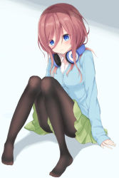 Rule 34 | 1girl, black pantyhose, blue cardigan, blue eyes, blush, breasts, brown hair, cardigan, closed mouth, collared shirt, commentary request, dress shirt, full body, go-toubun no hanayome, green skirt, hair between eyes, headphones, headphones around neck, highres, knees together feet apart, long hair, long sleeves, looking at viewer, medium breasts, mizu (lzzrwi603), nakano miku, no shoes, pantyhose, pigeon-toed, pleated skirt, shadow, shirt, skirt, sleeves past wrists, solo, white shirt