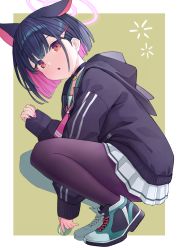 Rule 34 | 1girl, animal ears, black hair, black hoodie, black pantyhose, blue archive, blush, cat ears, choker, colored inner hair, food, full body, hair ornament, hairclip, halo, highres, holding, holding food, hood, hood down, hoodie, kazusa (blue archive), long sleeves, looking at viewer, macaron, multicolored hair, nomio, pantyhose, pleated skirt, red eyes, sailor collar, short sleeves, skirt, solo, squatting