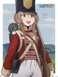 Rule 34 | 1girl, absurdres, ammunition pouch, artist name, backpack, bag, black hat, blue sky, blush, border, brown bess, brown hair, clear sky, cloud, cloudy sky, coat, collared coat, commentary, cowboy shot, criss-cross straps, day, england, english commentary, english text, gamryous, girls&#039; frontline, green eyes, gun, hair between eyes, hair knot, hair over shoulder, hat, highres, hill, holding, holding gun, holding weapon, lee-enfield (girls&#039; frontline), long hair, military uniform, open mouth, outdoors, outside border, pants, pouch, red coat, rifle, shako cap, shoulder pouch, sidelocks, signature, sky, sleeping bag, smile, solo, strap, teeth, text background, uniform, united kingdom, upper teeth only, weapon, white border, white pants