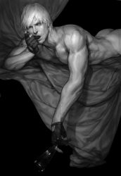 Rule 34 | 1boy, capcom, dante (devil may cry), devil may cry (anime), devil may cry (series), facial hair, fingerless gloves, food, gloves, greyscale, ice cream, lying, male focus, manly, monochrome, muscular, on stomach, rae, realistic, short hair, solo, stubble, sundae, white hair