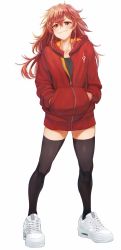 Rule 34 | 1girl, alternate costume, black thighhighs, casual, hands in pockets, highres, hiita, hiita (yu-gi-oh!), hiita the fire charmer, hood, hooded jacket, jacket, long hair, messy hair, milmir, red eyes, red hair, red jacket, shoes, sneakers, solo, thighhighs, v-shaped eyebrows, white background, white footwear, yu-gi-oh!