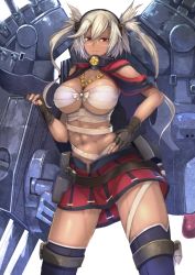 Rule 34 | 10s, 1girl, abs, bandeau, black thighhighs, blonde hair, breasts, budget sarashi, dark-skinned female, dark skin, glasses, gloves, headgear, highres, kantai collection, koruse, large breasts, long hair, looking at viewer, miniskirt, musashi (kancolle), personification, pointy hair, red eyes, sarashi, skirt, smile, solo, thighhighs, twintails, two side up, underboob, zettai ryouiki