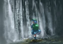 Rule 34 | 1girl, absurdres, backpack, bag, blue eyes, blue footwear, blue hair, blue shirt, blue skirt, boots, flat cap, green bag, green hat, hair bobbles, hair ornament, hands up, hat, highres, kawashiro nitori, knee boots, long sleeves, looking at viewer, looking back, nature, outdoors, pocket, rubber boots, shirt, short hair, skirt, solo, standing, touhou, two side up, ushitsuchi, water, waterfall, wide shot