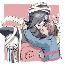 Rule 34 | 1boy, 1other, arms around neck, bandaged head, bandages, black eyeshadow, black hair, blue shirt, border, crying, eyeshadow, frisk (undertale), hair over one eye, hand on another&#039;s head, highres, long sleeves, makeup, mechanical arms, mettaton, mettaton ex, parted lips, shirt, shoji sakura, short hair, smile, striped clothes, striped shirt, sweatdrop, tears, undertale, upper body, white border, white hair