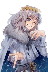 Rule 34 | 1boy, ;d, blue eyes, blush, cape, cloak, commentary request, crown, diamond hairband, fate/grand order, fate (series), fur-trimmed cape, fur-trimmed cloak, fur collar, fur trim, grey hair, grin, hair ornament, highres, kujiraoka, long sleeves, looking at viewer, male focus, medium hair, no wings, oberon (fate), official alternate costume, one eye closed, open mouth, puffy sleeves, simple background, smile, solo, sparkle, tassel, teeth, upper body, white background, white cloak, white hair