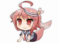 Rule 34 | 10s, 1girl, ahoge, arm support, bad id, bad pixiv id, chibi, fins, hair ornament, i-58 (kancolle), kantai collection, mermaid, monster girl, pink hair, red eyes, school swimsuit, school uniform, serafuku, short hair, smile, soba (sobaya1938), solo, split tail, swimsuit, swimsuit under clothes