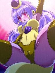 Rule 34 | 1girl, armpits, breasts, colored skin, commentary request, covered erect nipples, dragon ball, dragon ball super, dragon ball z fukkatsu no f, elbow gloves, frieza, gekoge satoru, genderswap, genderswap (mtf), gloves, golden frieza, hair intakes, large breasts, leotard, long hair, purple hair, purple skin, red eyes, sidelocks, solo, thighhighs, yellow thighhighs