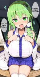 Rule 34 | 1girl, blush, breasts, commentary request, detached sleeves, english text, frog hair ornament, green eyes, green hair, hair ornament, hard-translated, highres, jakko, kochiya sanae, large breasts, long hair, looking at viewer, open mouth, sitting, snake hair ornament, solo, speech bubble, tears, thighhighs, thighs, third-party edit, touhou, white thighhighs