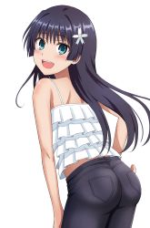 Rule 34 | 1girl, absurdres, alternate costume, bad id, bad pixiv id, black hair, black pants, camisole, commentary request, cowboy shot, denim, flower, frilled camisole, frills, from behind, green eyes, hair flower, hair ornament, highres, jeans, leaning forward, long hair, midriff peek, open mouth, pants, pocket, remoa, saten ruiko, smile, solo, teeth, toaru kagaku no railgun, toaru majutsu no index, upper teeth only, white camisole