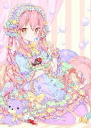 Rule 34 | 1girl, bow, bowtie, bubble, cake, candy, character request, eyeball, food, food-themed hair ornament, fork, frills, gift, hair ornament, hair ribbon, heart, jam, lolita fashion, long hair, looking at viewer, maid, maid headdress, pastel colors, pink hair, plate, pocky, ribbon, sitting, solo, striped, striped background, stuffed animal, stuffed toy, teddy bear, toma tokage, too many, too many frills, very long hair, yellow bow, yellow bowtie, yellow eyes