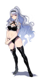 Rule 34 | 1girl, absurdres, black footwear, black panties, blue hair, boots, collarbone, from above, gluteal fold, halterneck, high heel boots, high heels, highres, idolmaster, looking to the side, midnamana, navel, panties, patent boots, patent heels, red eyes, shijou takane, simple background, solo, stiletto boots, stiletto heels, thigh boots, thighhighs, underwear, wavy hair, white background