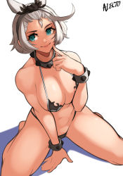 Rule 34 | 1girl, ahoge, alecto 0, arm support, artist name, bare shoulders, bikini, bow, bracelet, breasts, cleavage, collar, elphelt valentine, finger to own chin, guilty gear, guilty gear xrd, hairband, heart, heart-shaped pupils, highres, huge ahoge, jewelry, large breasts, navel, shadow, short hair, simple background, smile, solo, spiked collar, spikes, spread legs, stomach, swimsuit, symbol-shaped pupils, white background, white bikini, white bow
