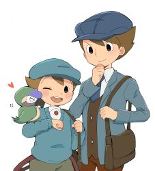 Rule 34 | 2boys, :d, animal, animal on shoulder, bag, bird, bird on shoulder, black eyes, blue headwear, blue jacket, blue necktie, blue sweater, blush, brown bag, brown hair, brown pants, cabbie hat, collared shirt, future luke, hand on own chin, hat, heart, highres, holding strap, jacket, kiwami (kiwamimuneko), long sleeves, looking at another, luke triton, male focus, multiple boys, necktie, one eye closed, open clothes, open jacket, open mouth, pants, parrot, professor layton, professor layton and the unwound future, shirt, short hair, shoulder bag, simple background, smile, standing, suspenders, suspenders hanging, sweater, v-shaped eyebrows, white background, white shirt