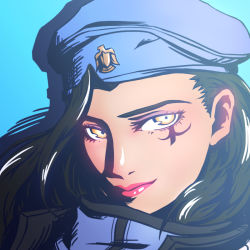 Rule 34 | 1girl, aged down, ana (overwatch), artist request, beret, black hair, blue background, brown eyes, captain amari, close-up, dark-skinned female, dark skin, facial tattoo, hat, lipstick, looking at viewer, makeup, overwatch, overwatch 1, portrait, red lips, sijia wang, simple background, solo, tattoo
