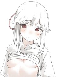 Rule 34 | 1girl, breasts, brown eyes, clothes lift, collared shirt, kantai collection, long hair, looking at viewer, ponytail, sakieko, shirt, shirt lift, sidelocks, simple background, small breasts, solo, t-shirt, upper body, usugumo (kancolle), white background, white hair, white shirt