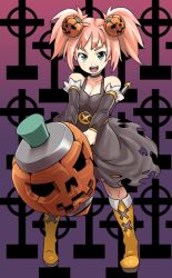 Rule 34 | 1girl, boots, dress, food-themed hair ornament, hair ornament, halloween, jack-o&#039;-lantern, pink hair, poporon, pumpkin, pumpkin hair ornament, short twintails, solo, twintails