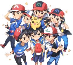 Rule 34 | 6+boys, :d, ;d, ash ketchum, baseball cap, belt, belt buckle, black gloves, black hair, blue footwear, blue jacket, blush, boots, brown eyes, buckle, commentary request, creatures (company), crossed arms, double v, fang, fingerless gloves, game freak, gen 1 pokemon, gloves, hair between eyes, hands up, hat, highres, holding, holding clothes, holding hat, jacket, kurage2535, looking at viewer, male focus, multiple boys, multiple persona, nintendo, on head, one eye closed, open mouth, pants, parted lips, pikachu, pokemon, pokemon (anime), pokemon (classic anime), pokemon (creature), pokemon bw (anime), pokemon dppt (anime), pokemon journeys, pokemon on head, pokemon rse (anime), pokemon sm (anime), pokemon xy (anime), red headwear, shirt, shoes, short hair, short sleeves, shorts, sleeveless, sleeveless jacket, smile, spiked hair, star (symbol), striped clothes, striped shirt, t-shirt, unworn hat, unworn headwear, v, white background, white shirt, zipper pull tab