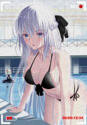 Rule 34 | 2girls, absurdres, anger vein, artoria pendragon (all), artoria pendragon (alter swimsuit rider) (fate), artoria pendragon (alter swimsuit rider) (first ascension) (fate), artoria pendragon (fate), bare shoulders, bikini, black bikini, black ribbon, blush, breasts, cleavage, collarbone, fate/grand order, fate (series), hair ribbon, highres, large breasts, long hair, longdq3008, looking at viewer, morgan le fay (fate), multiple girls, navel, open mouth, original, pool, poolside, recording, ribbon, saber (fate), saber alter, siblings, side-tie bikini bottom, sisters, swimsuit, thighs, viewfinder, wet, white hair