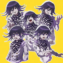 Rule 34 | 1boy, :d, :o, black hair, buttons, checkered clothes, checkered scarf, cropped torso, danganronpa (series), danganronpa v3: killing harmony, double-breasted, hair between eyes, jacket, long sleeves, male focus, multiple views, nantoka aida, open mouth, oma kokichi, outline, purple eyes, purple hair, scarf, short hair, smile, tongue, tongue out, white outline, yellow background