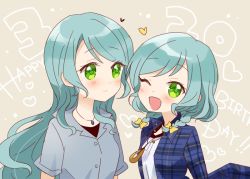 Rule 34 | 2girls, ;d, aqua hair, bang dream!, beige background, blue shirt, blush, bow, braid, collared shirt, commentary request, dated, green eyes, hair bow, happy birthday, heart, hikawa hina, hikawa sayo, long hair, looking at another, looking at viewer, miyuara, multiple girls, one eye closed, open mouth, plaid, plaid shirt, purple eyes, shirt, short hair, short sleeves, siblings, side braids, sisters, smile, twins, upper body, white shirt, yellow bow