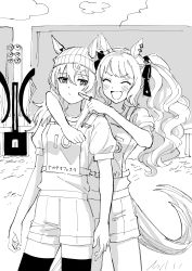 Rule 34 | 2girls, ^ ^, absurdres, animal ears, arm around shoulder, arms at sides, beanie, blush, closed eyes, closed mouth, cloud, ears through headwear, greyscale, hat, highres, horse ears, horse girl, horse tail, jewelry, long hair, monochrome, multiple girls, nakayama festa (umamusume), nayuta ggg, open mouth, outdoors, pointing, pointing at another, puffy short sleeves, puffy sleeves, race bib, ring, shirt, short sleeves, shorts, standing, tail, thighhighs, tosen jordan (umamusume), twintails, umamusume