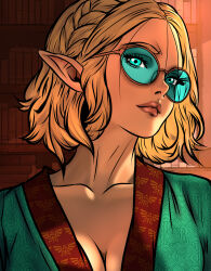 1girl blonde_hair braid breasts cleavage coat collarbone commentary crown_braid english_commentary glasses green-tinted_eyewear green_coat highres looking_afar nintendo ortegac20 pointy_ears portrait princess_zelda round_eyewear short_hair the_legend_of_zelda the_legend_of_zelda:_tears_of_the_kingdom tinted_eyewear triforce_print