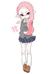 Rule 34 | 1girl, asymmetrical hair, black skirt, brown footwear, covering own mouth, flower, forehead, full body, grey jacket, imaikuyo1203, inkling, inkling girl, inkling player character, jacket, leg warmers, long hair, long sleeves, looking at viewer, miniskirt, nintendo, own hands together, pink eyes, pink flower, pink hair, pleated skirt, pointy ears, shoes, simple background, skirt, solo, splatoon (series), splatoon 2, standing, tentacle hair, thick eyebrows, white background, yellow neckwear