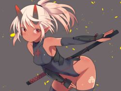 1girl black_leotard black_thighhighs breasts commentary_request cone_horns dark-skinned_female dark_skin enoki_p gauntlets highleg highleg_leotard horns leotard long_hair medium_breasts ninja original pointy_ears ponytail red_eyes sleeveless_turtleneck_leotard solo sword thighhighs weapon