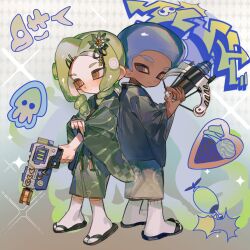 Rule 34 | 1boy, 1girl, afro, back-to-back, blue hair, bow (weapon), closed mouth, commentary request, dark-skinned male, dark skin, food, full body, green hair, green kimono, gun, haori, highres, holding, holding bow (weapon), holding gun, holding weapon, ice cream, japanese clothes, kimono, long hair, multicolored background, nintendo, octoling, octoling boy, octoling girl, octoling player character, rapid blaster (splatoon), reef-lux 450 (splatoon), rongyu1029, sandals, short hair, socks, splatoon (series), splatoon 3, standing, tentacle hair, torpedo (splatoon), weapon, white socks, yellow eyes, zouri