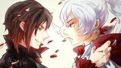 Rule 34 | 2girls, black hair, blue eyes, cape, dated, face-to-face, giving, gradient background, gradient hair, grey eyes, hand on another&#039;s shoulder, heroerokero, high collar, long hair, multicolored hair, multiple girls, petals, ponytail, red cape, red hair, rose petals, ruby rose, rwby, scar, scar across eye, scar on face, short hair, signature, smile, two-tone hair, warming, weiss schnee, white hair