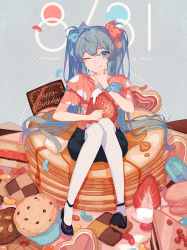 Rule 34 | 1girl, cake, checkerboard cookie, cookie, cupcake, dated, fen renlei, food, fruit, hair ornament, hairclip, happy birthday, hatsune miku, long hair, one eye closed, pancake, pantyhose, sitting, solo, strawberry, twintails, very long hair, vocaloid, white pantyhose