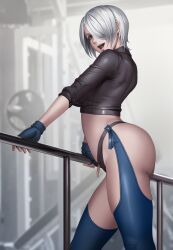 Rule 34 | against railing, angel (kof), ass, ass focus, black panties, blue eyes, blue gloves, blurry, blurry background, breasts, chaps, clothing cutout, cropped jacket, dantewontdie, female focus, fingerless gloves, gloves, hair over one eye, huge ass, indoors, jacket, large breasts, leather, leather jacket, looking at viewer, open mouth, panties, railing, revealing clothes, short hair, sideboob, smile, snk, solo, standing, teeth, the king of fighters, thighs, tongue, underwear, upper teeth only, white hair