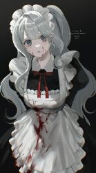 Rule 34 | 1girl, apron, black dress, blood, blood on clothes, blood on face, breasts, chromatic aberration, collared dress, commentary, commission, constricted pupils, cowboy shot, dark background, dress, english commentary, frilled apron, frills, grey eyes, grey hair, highres, jpeg artifacts, leaning forward, long hair, long sleeves, looking at viewer, maid, maid apron, maid headdress, medium breasts, neck ribbon, original, parted lips, red ribbon, ribbon, skeb commission, solo, standing, thank you, white apron, yandere, youichi (45 01)