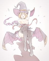 Rule 34 | 10s, 1girl, :o, arm up, bare shoulders, black footwear, black thighhighs, blonde hair, boots, breasts, djeeta (granblue fantasy), dress, female focus, full body, gloves, gradient background, granblue fantasy, hat, nipples, open mouth, pale color, purple eyes, shirt down, short hair, solo, thigh boots, thighhighs, waero, warlock (granblue fantasy), witch hat